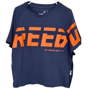 Reebok Navy Blue Short-Sleeve Tee Huge Wrap Logo w/Side Slits Women's Size Small
